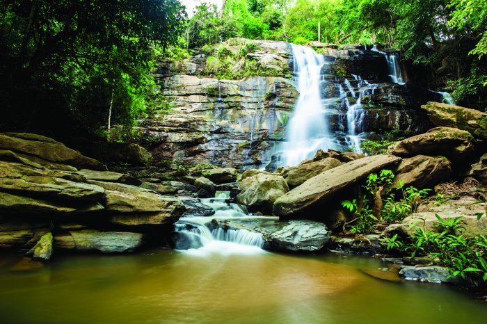 Fotobehang Waterval in een natuurlijk boslandschap met rotsen