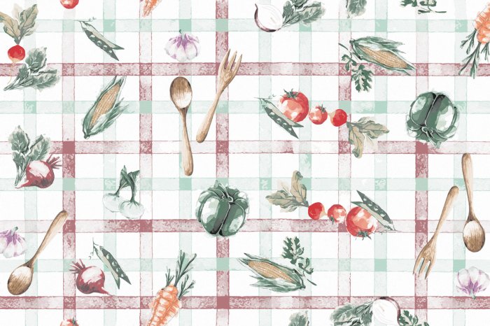 Fotobehang Fruit en groenten op een geblokte tafelkleedachtergrond