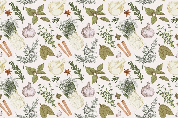 Fotobehang Decoratief patroon met kruiden en groenten