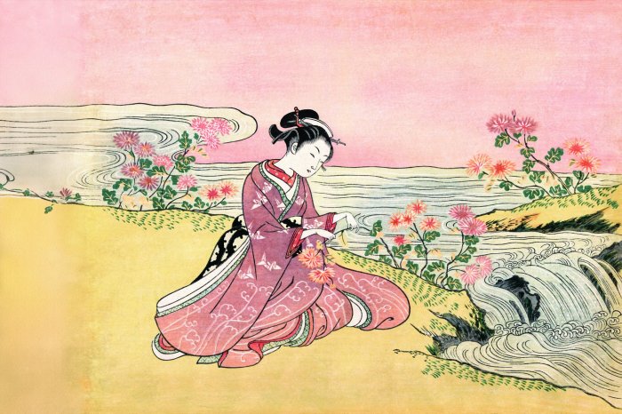 Fotobehang Vrouw tussen bloemen in Japanse stijl