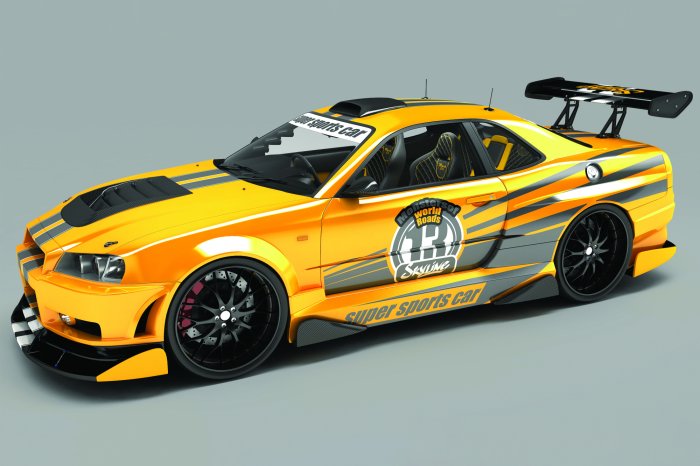 Fotobehang Een gele sportwagen op een grijze achtergrond