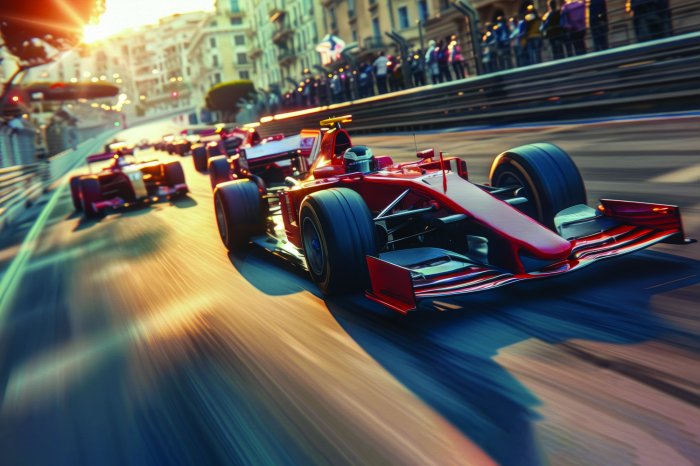 Fotobehang Een Formule 1-auto racet met hoge snelheid door de stad