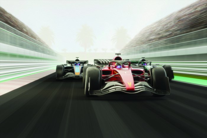 Fotobehang Raceauto&#39;s racen over de baan met palmbomen op de achtergrond