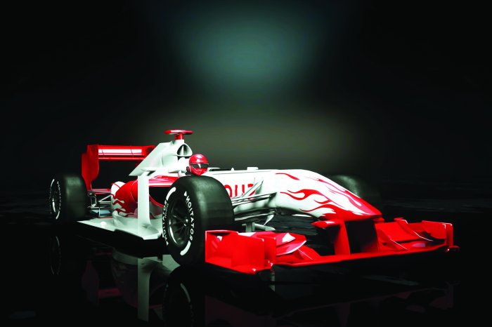 Fotobehang Een raceauto met rode vlammen