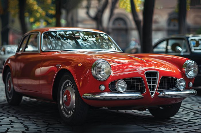 Fotobehang Een rode klassieker in een stedelijke omgeving