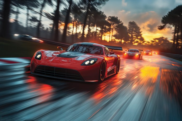 Fotobehang Een dynamische sportwagenrace bij zonsondergang