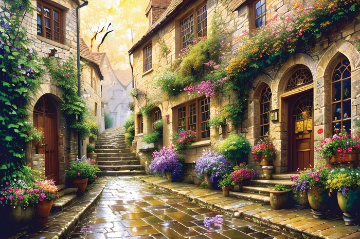Fotobehang Een pittoresk straatje met bloemen en huurkazernes