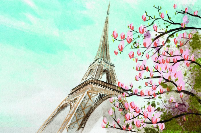 Fotobehang Pastelkleurig landschap met kersenbloesem en de Eiffeltoren