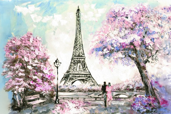 Fotobehang Aquarel van Parijs met kersenbloesems