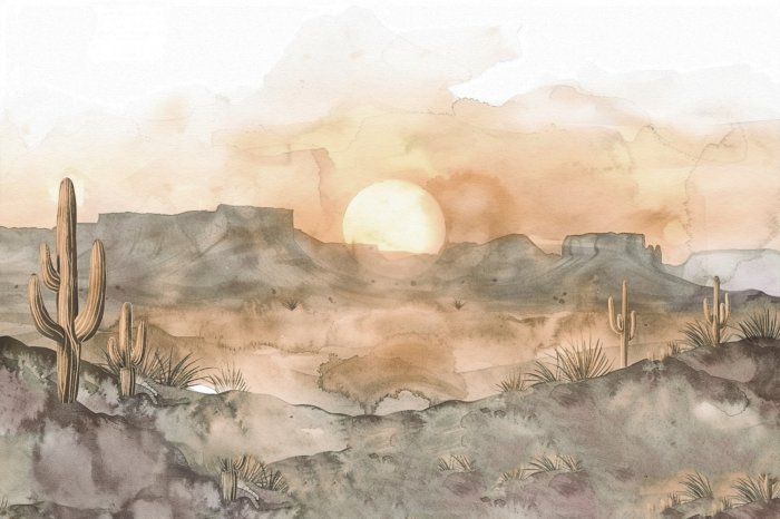 Fotobehang Aquarel woestijnlandschap met cactussen en bergen