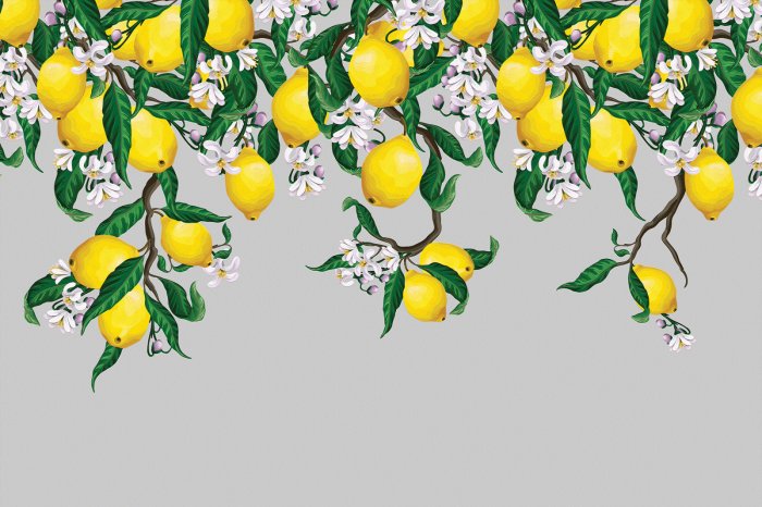 Fotobehang Sappige citroenen omgeven door bloemen en bladeren