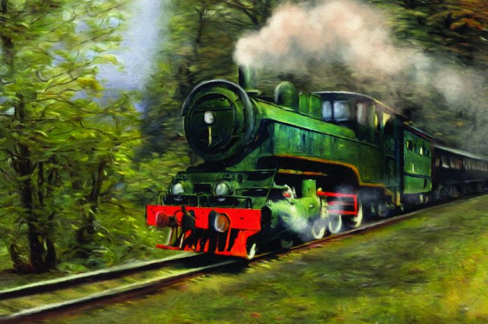 Fotobehang Illustratie van een locomotief die door een groen bos rijdt
