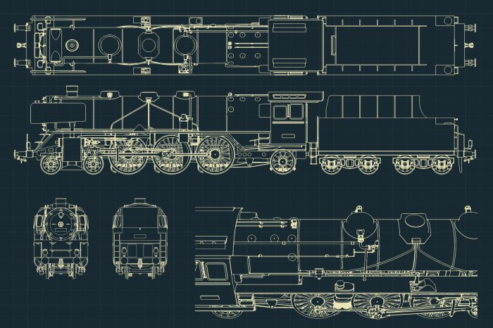 Fotobehang Schets van de mechanische onderdelen van de locomotief