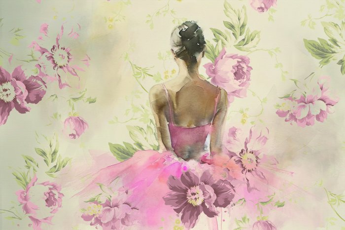 Fotobehang Een vrouw in een delicate roze jurk gewikkeld in bloemen