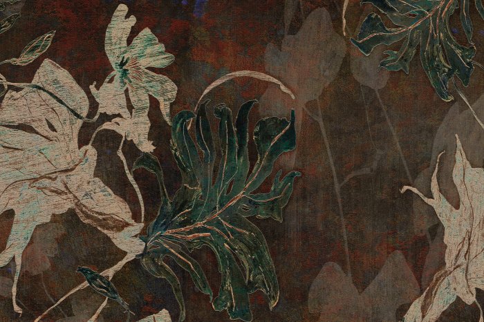 Fotobehang Tropisch bladpatroon op een bruin oppervlak