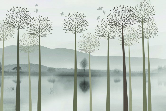 Fotobehang Een schilderachtig landschap met bomen aan de rivieroever