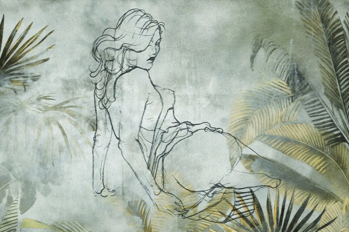 Fotobehang Illustratie van een vrouw tegen een achtergrond van weelderige vegetatie