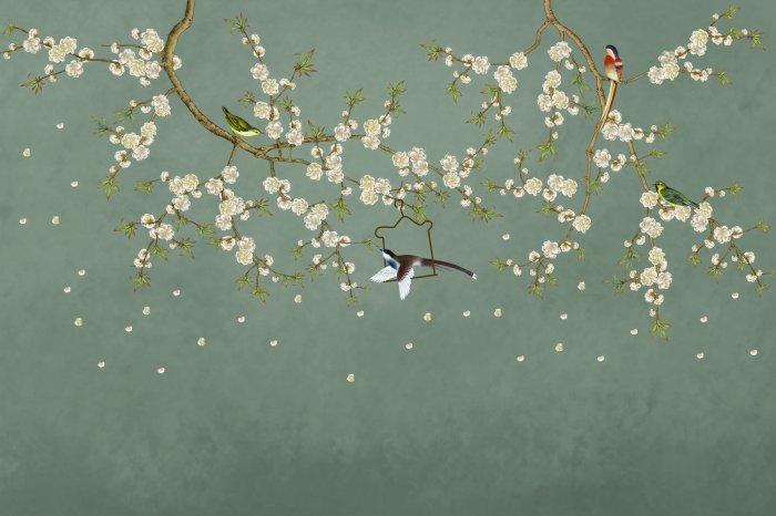 Fotobehang Delicate kersentakjes met vogelaccenten