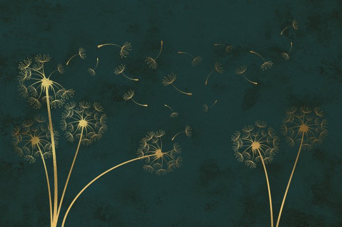 Fotobehang Gouden paardenbloemen op donkergroen