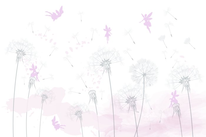 Fotobehang Paardenbloemen in de wind met feeën