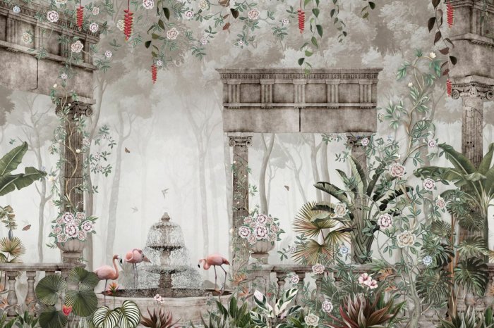 Fotobehang Tropisch bos met fontein en zuilen
