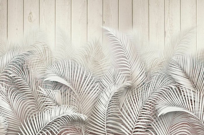 Fotobehang Palmbladeren op houten planken