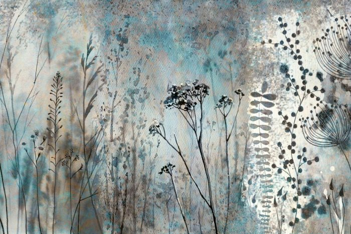 Fotobehang Abstract aquarelschilderij van een weide met bloemen