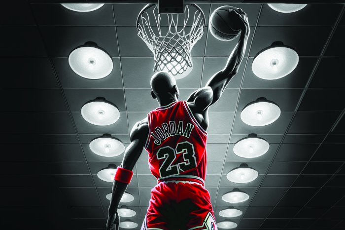 Fotobehang Een speler gooit de bal in de basket