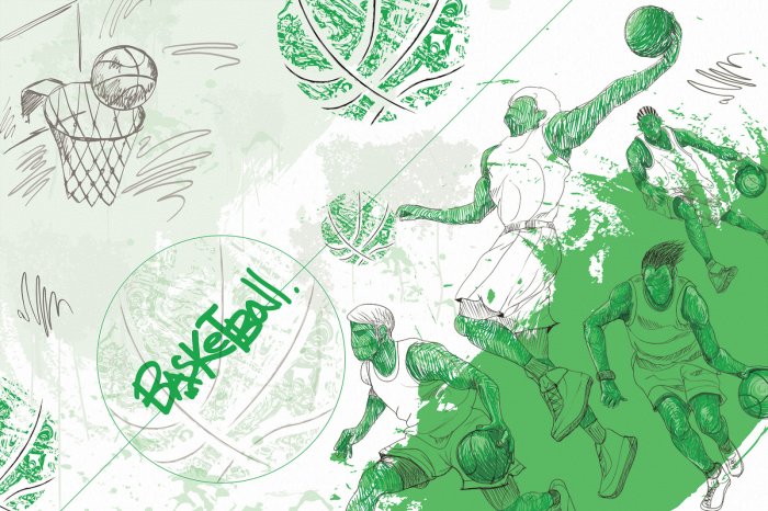 Fotobehang Een basketbalshot in een dynamische scène