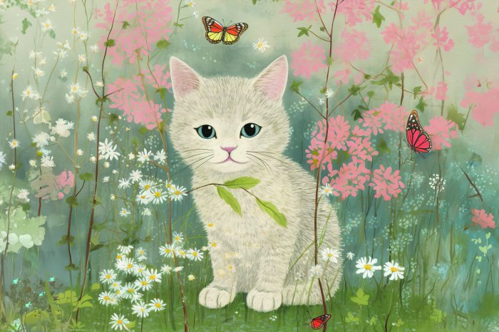 Fotobehang Een kat tussen bloemen en vlinders in een weide