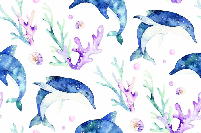 Fotobehang Geschilderd dolfijn- en koraalrifmotief