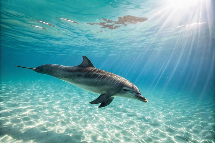 Fotobehang Een dolfijn zweeft boven de zeebodem