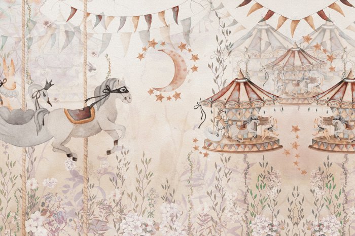 Fotobehang Fantasierijke begroeiing met draaimolen en paarden