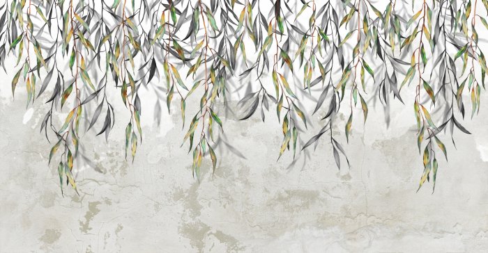 Fotobehang Hängende grüne Triebe des Baumes mit Blättern