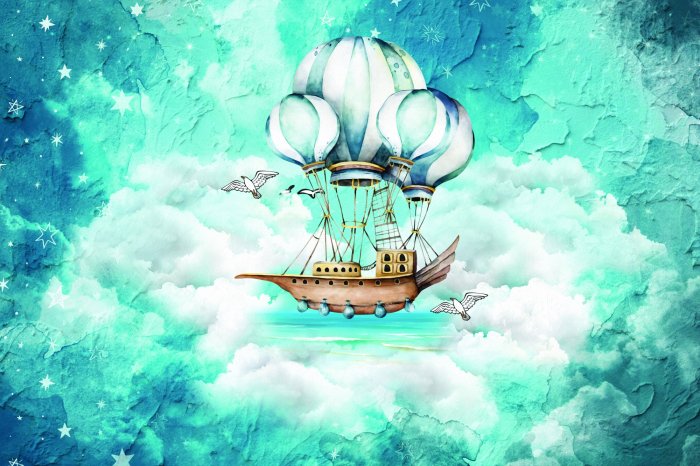 Fotobehang Een sprookjesachtig schip met ballonnen in de wolken