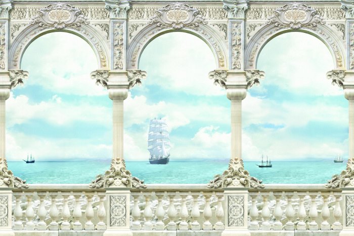 Fotobehang Een historisch terras met uitzicht op schepen die op zee varen