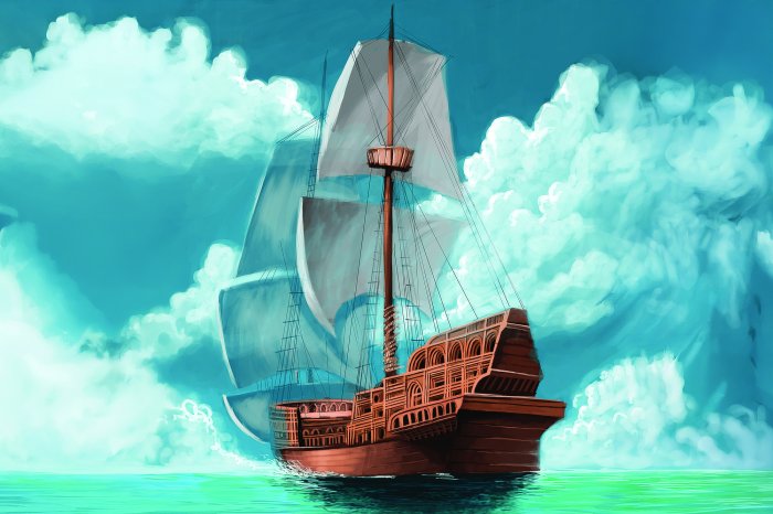 Fotobehang Een klassiek houten schip met gespreide zeilen