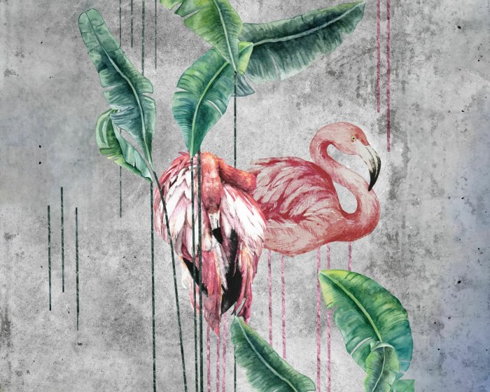 Fotobehang Flamingo&#39;s en tropische bladeren in aquarelstijl