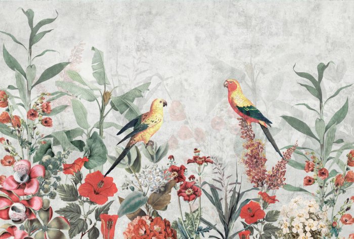 Fotobehang Rode bloemen, tropische bladeren en papegaaien