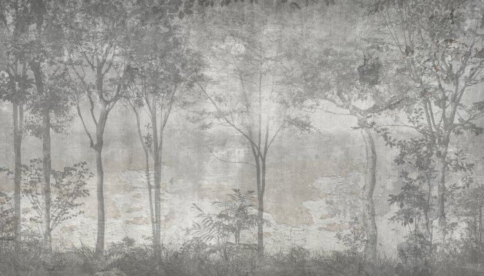 Fotobehang Boslandschap met grijze bomen tegen een betonnen achtergrond