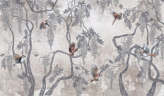 Fotobehang Vogels tussen de blauweregenbloemen