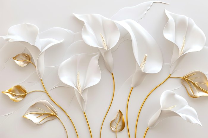 Fotobehang Glamoureuze witte calla&#39;s en gouden bladeren