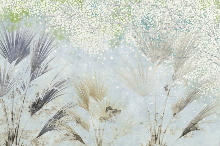 Fotobehang Bloeiende palmboom en bladeren