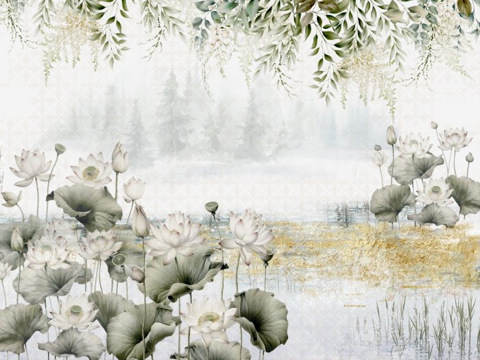 Fotobehang Muurschildering van waterlelies en groene bladeren in moderne stijl