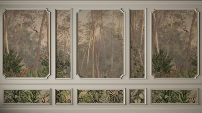 Fotobehang Tropische landschapsplanten in stucwerk