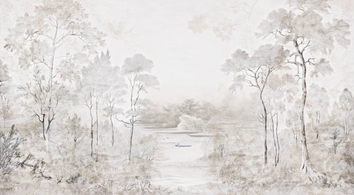 Fotobehang Landschap met bomen en een rivier in beige