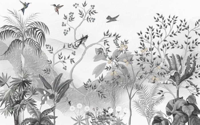 Fotobehang Landschap van bomen en vogels tegen de achtergrond van bergen, muurschildering