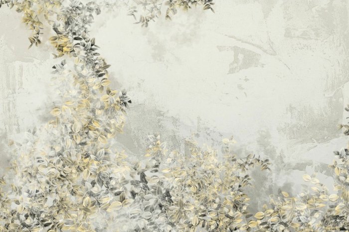 Fotobehang Grijze en gele bladeren op beton