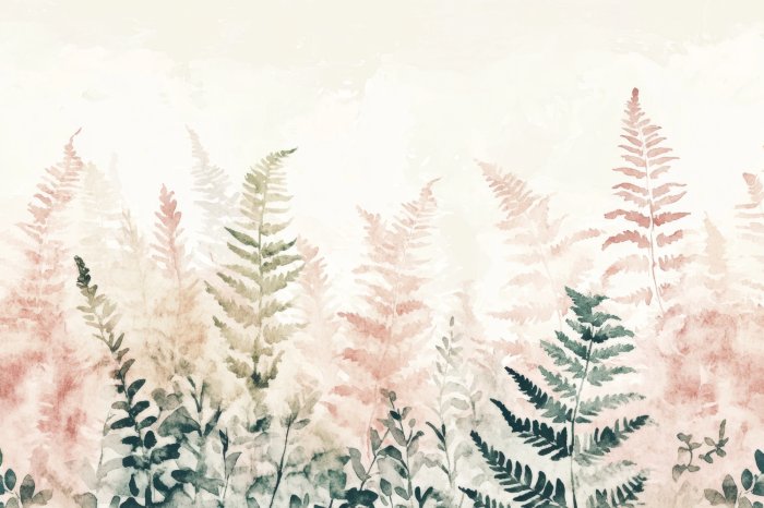 Fotobehang Roze en groene varenbladeren