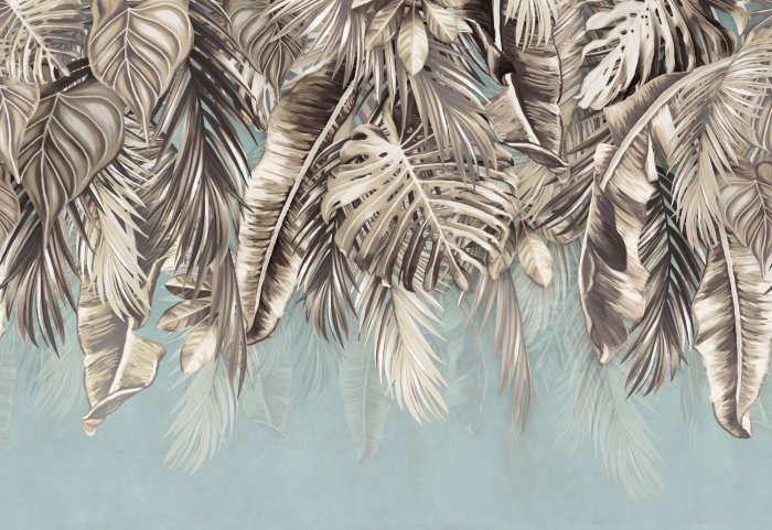 Fotobehang Palm- en monsterabladeren tegen de lucht